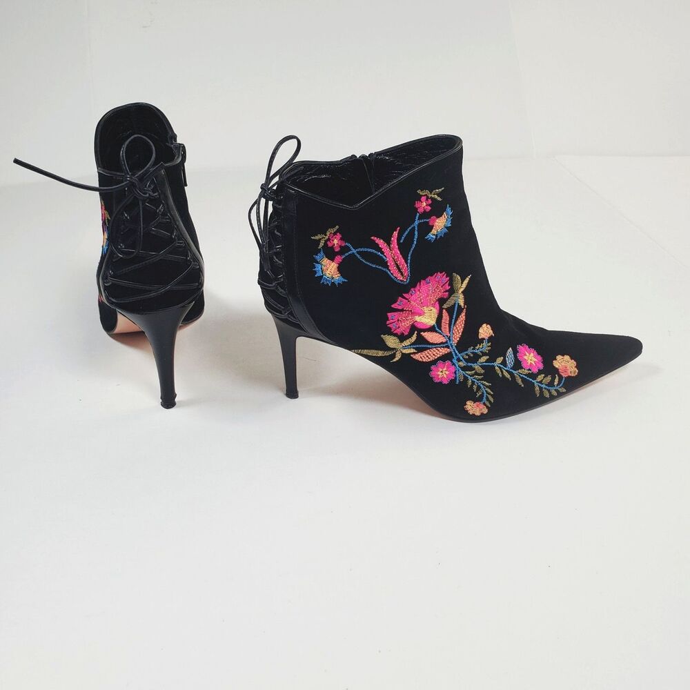Ramon Tenza Women’s Black Suede Boots Size 7.5 "Kiev" Floral Embroidered Booties